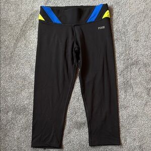PINK Victoria's Secret Black Leggings with Blue and Yellow Accents